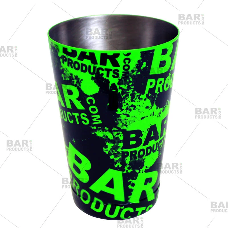 18oz-shaker-tin-neon-grn-bpc-web1.jpg BarProducts.com Cocktail Shaker Tin - Printed Designer Series - 18oz Weighted - NEON GREEN Grungy BPC Logo