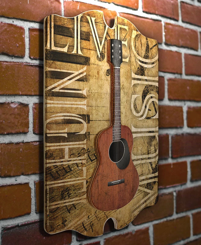 3d-wood-guitar-tavern-sign-web-angle.jpg BarProducts Handcrafted Woodshop Made In The USA 3D Wooden Guitar Tavern Sign - Live Music Nightly