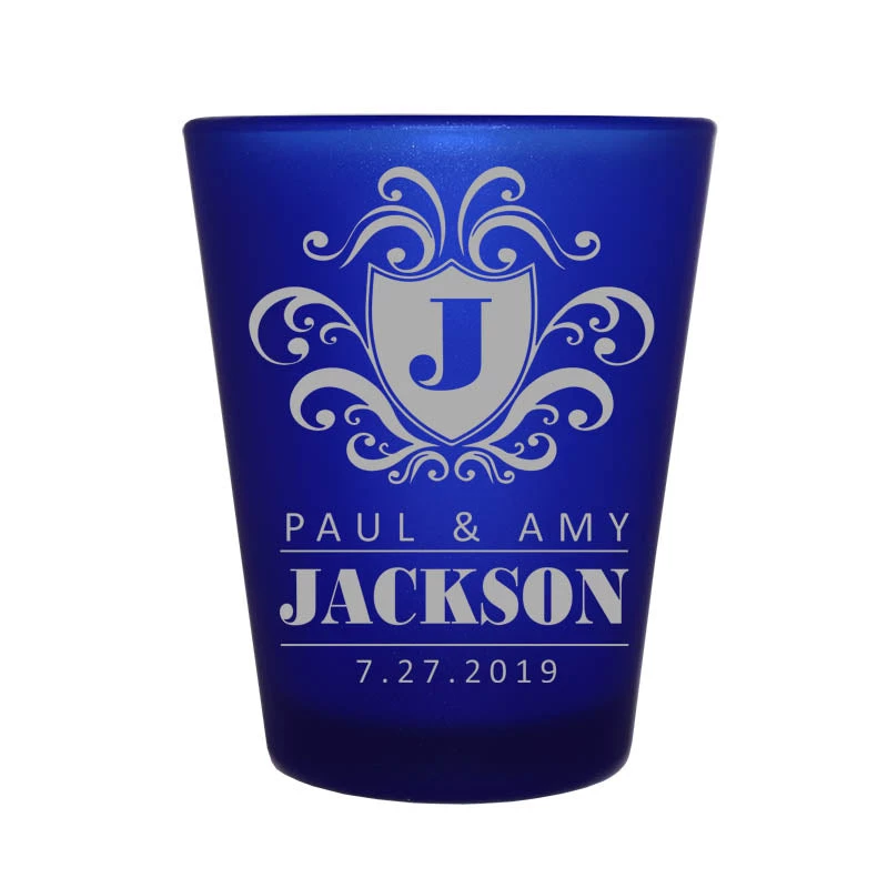 5114-crest-3_blue-fr-web.jpg BarProducts.com CUSTOMIZABLE - 1.5oz Blue Frosted Shot Glass - Crest (Version 3) BAR SUPPLIES
