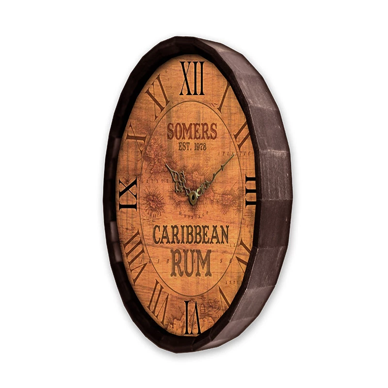 BarrelTop-SideAngledView-LG-BARR-CLOCK-CARIB-RUM.jpg BarProducts Handcrafted Custom Wood Barrel Top Clock – Caribbean Rum Woodshop Made In The USA