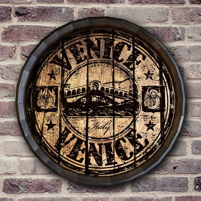 BarrelTop-StraightFlatView-BT-KC-BARR-SIGN-VEN.jpg BarProducts.com BAR DECOR Venice Stamp Barrel Top Tavern Sign