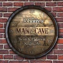 BarProducts Handcrafted Woodshop Made In The USA Custom Wood Barrel Top Clock – Man Cave - Scotch, Cigars, Solitude