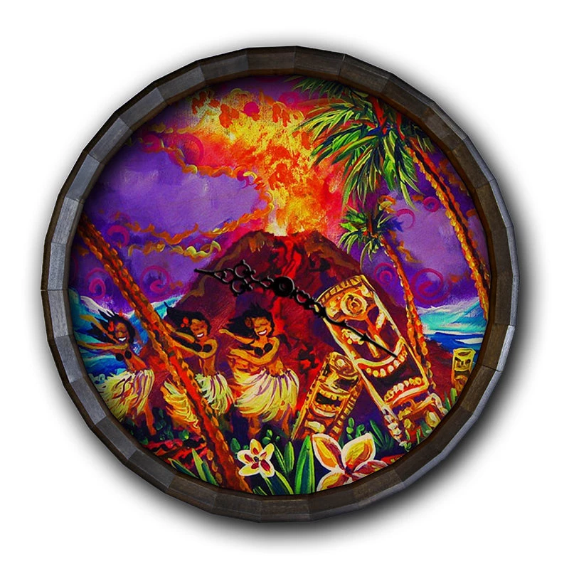 BarrelTop-StraightFlatView_0013_BT-KC-BARR-CB-SHOWwithClock.jpg BarProducts Handcrafted Tiki Hula Show Bar Wood Barrel Top Sign/Clock Woodshop Made In The USA