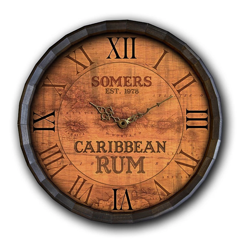 BarrelTop-StraightFlatView_0049_LG-BARR-CLOCK-CARIB-RUM.jpg BarProducts Handcrafted Custom Wood Barrel Top Clock – Caribbean Rum Woodshop Made In The USA