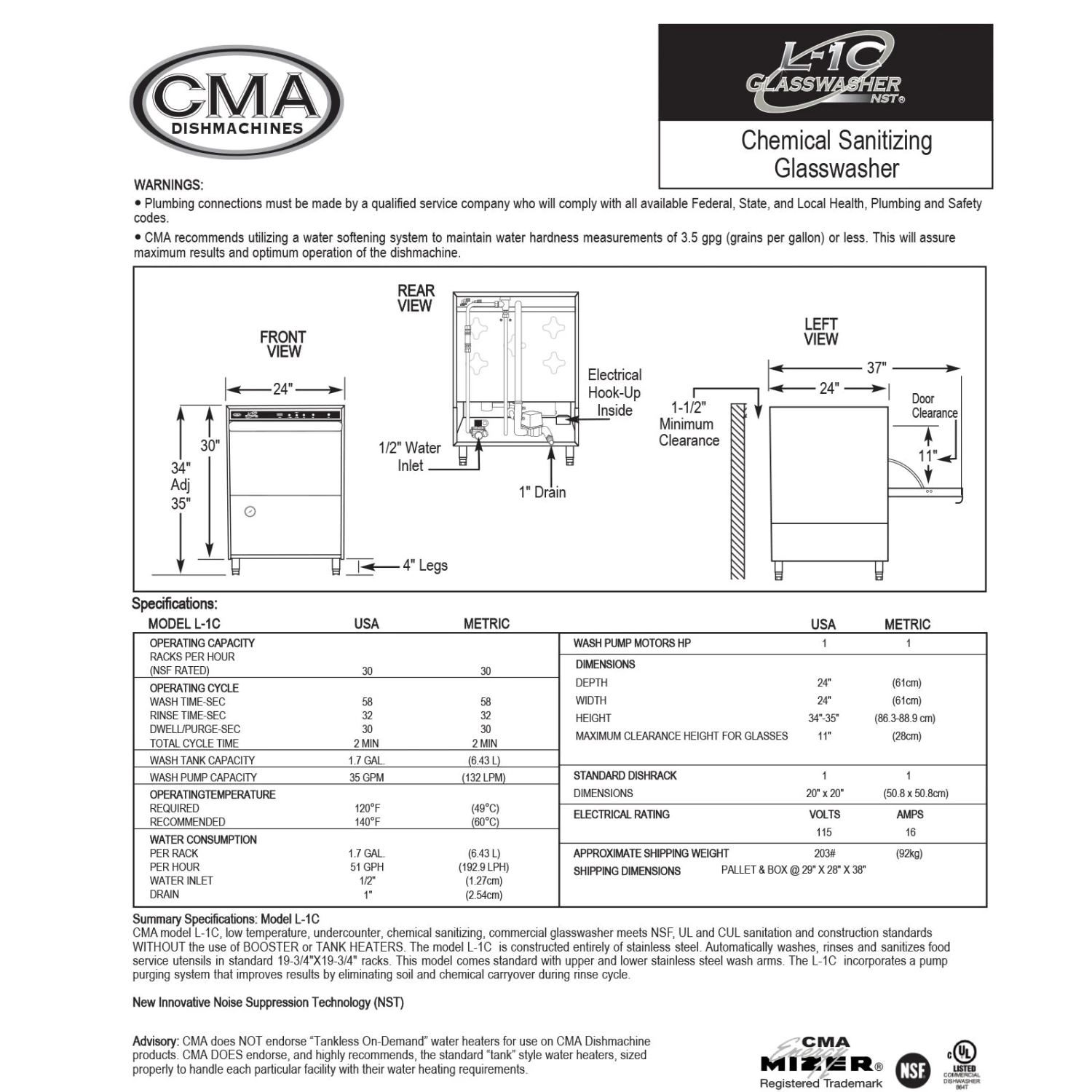 DW-L-1C.jpg BarProducts.com SPECIAL COLLECTIONS CMA Low Temp Under Counter Glasswasher With Chemical Sanitizing