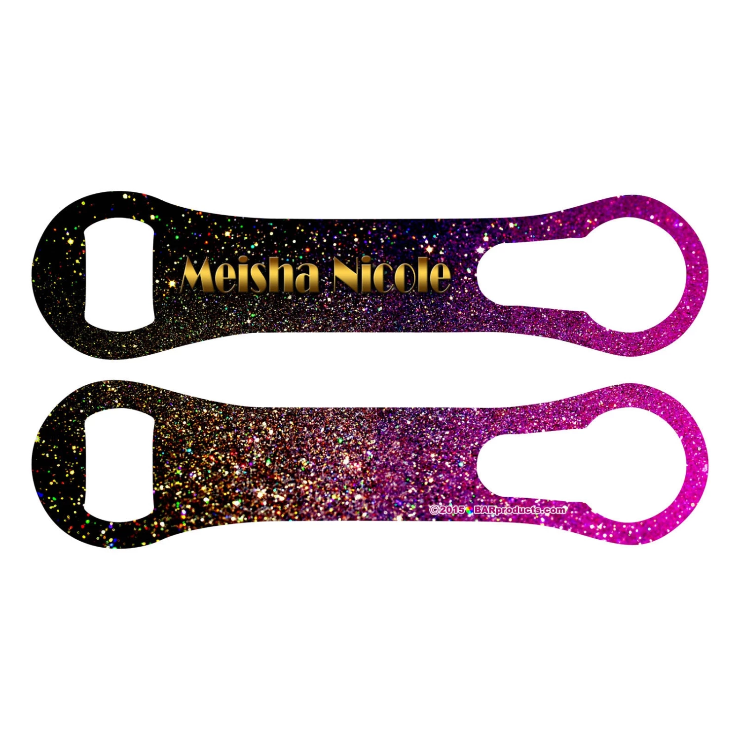 LG-OP-VR-AYN-GLIT-PNKBLK-1.jpg BarProducts.com ADD YOUR NAME V-ROD® BOTTLE OPENER – PINK BLACK GLITTER