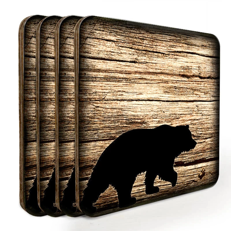 SquareWoodCoaster-Bear-800x800-Set.jpg BarProducts.com Wooden Square Coasters - Rustic Animal Theme - Set Of 4 - Options Available