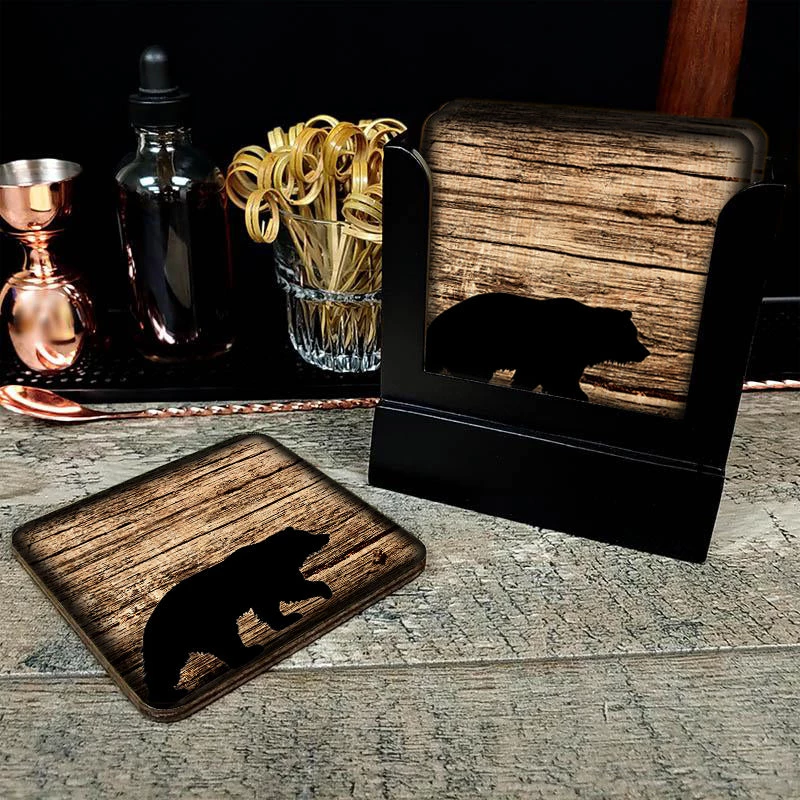 SquareWoodCoaster-Bear-Scene1000x1000.jpg BarProducts.com Wooden Square Coasters - Rustic Animal Theme - Set Of 4 - Options Available