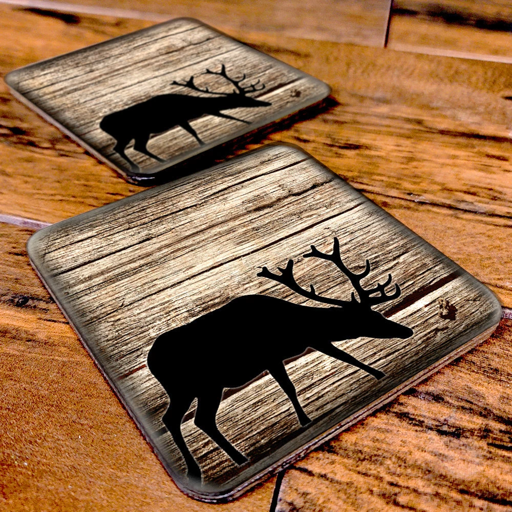 SquareWoodCoaster-Stag-1000x1000-1.jpg BarProducts.com Wooden Square Coasters - Rustic Animal Theme - Set Of 4 - Options Available