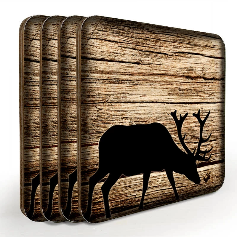 SquareWoodCoaster-Stag-800x800-Set.jpg BarProducts.com Wooden Square Coasters - Rustic Animal Theme - Set Of 4 - Options Available