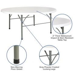 BarProducts.com Round White Granite Bi-Fold Plastic Table With Carrying Handle - 6-Foot