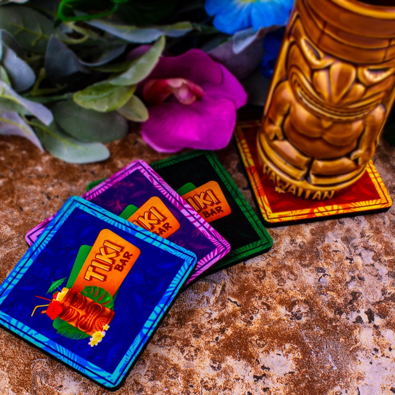 TikiFoamCoaster-Colors-3.jpg BarProducts.com SPECIAL COLLECTIONS TIKI THEMED FOAM COASTERS - 3.5 INCH SQUARE