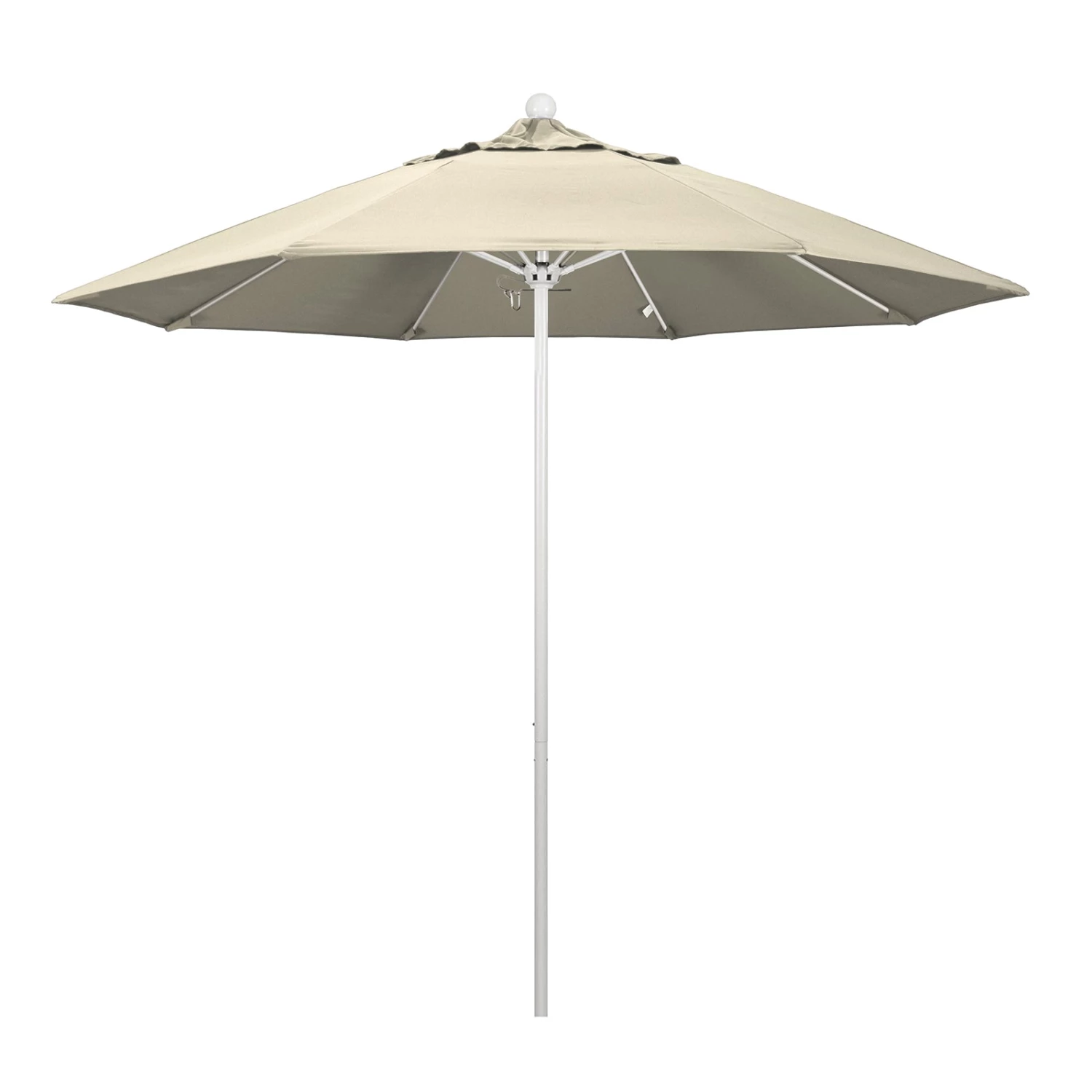 UMB-908W-BEIGE-WHITE.jpg BarProducts.com SPECIAL COLLECTIONS California Umbrella 9' Pole Push Lift SUNBRELLA With White Aluminum Pole - Color Options