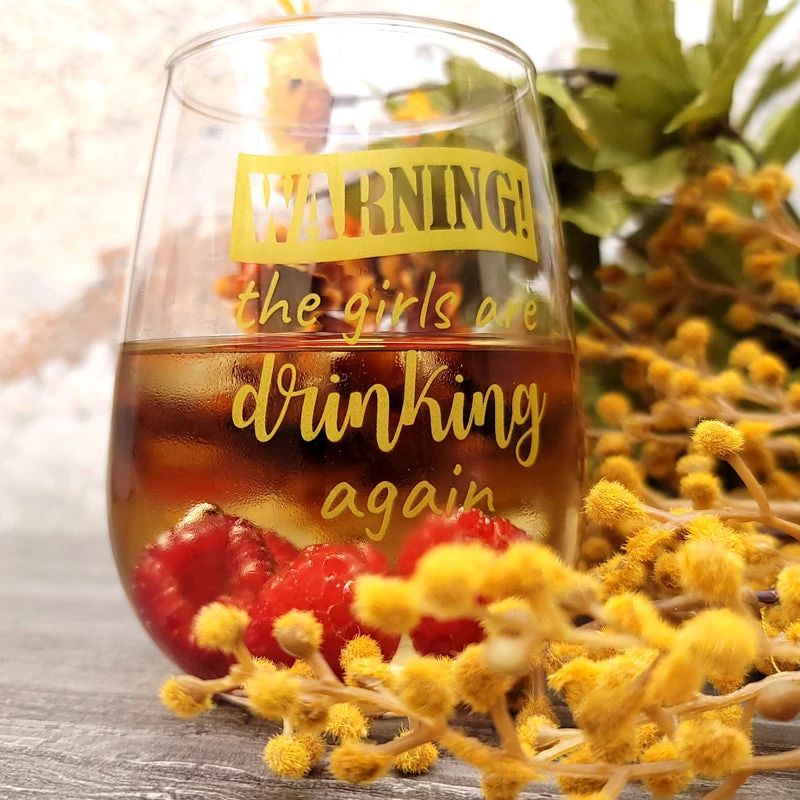 Warningthegirlsaredrinkingagain-FunnyWineGlass-CuteStemlessWineGlass-Giftsforwoman-800-SCENE.jpg BarProducts.com SPECIAL COLLECTIONS BARCONIC® GLASSWARE - WARNING - THE GIRLS ARE DRINKING AGAIN - WINE GLASS - 17OZ