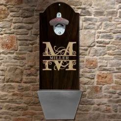 BarProducts.com Custom Round Top Plaque With Cap Catcher - Family Monogram Bartending Bottle Openers