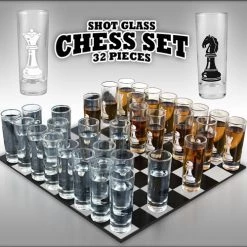 BarProducts.com Novelty Glassware Shot Glass Chess Set - 2 Ounce Tall Shot Glasses - 32 Piece
