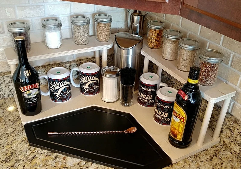 coffee-corner-natural-trsh-web1.jpg BarProducts.com Counter Caddies™ - NATURAL - CORNER Shelf W/ Trash Can Inset