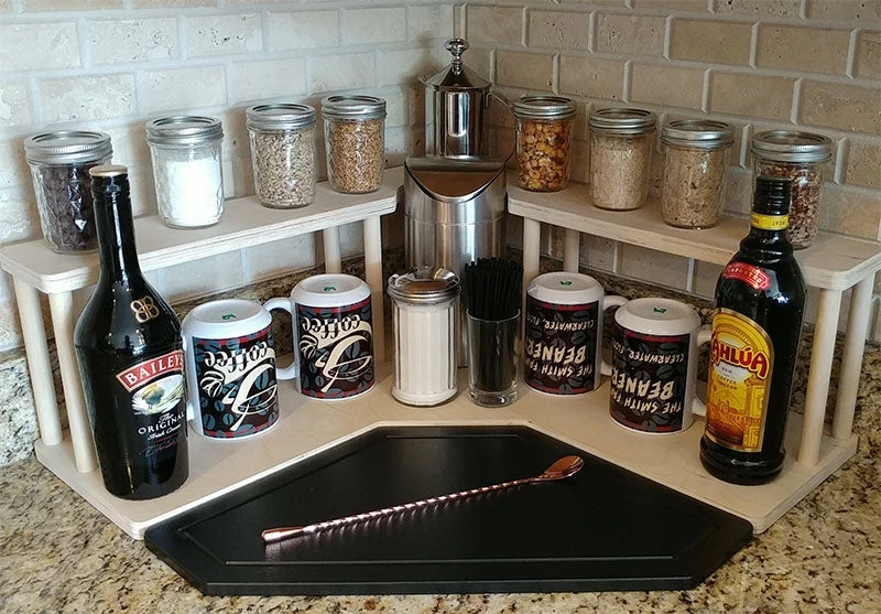 coffee-corner-natural-trsh-web2.jpg BarProducts.com Counter Caddies™ - NATURAL - CORNER Shelf W/ Trash Can Inset