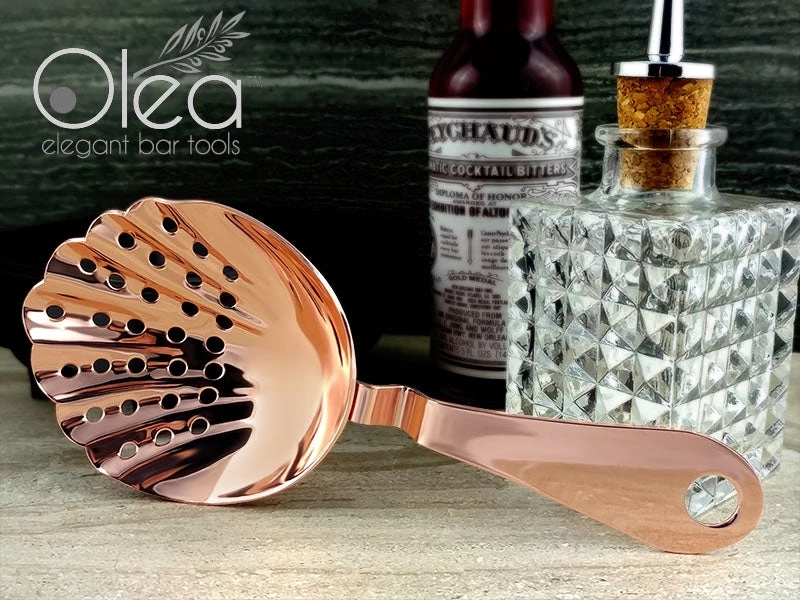 copper-plated-shell-strainer-olea-bpc-1.jpg BarProducts.com Olea™ Shell Julep Cocktail Strainer - Copper Plated BAR TOOLS