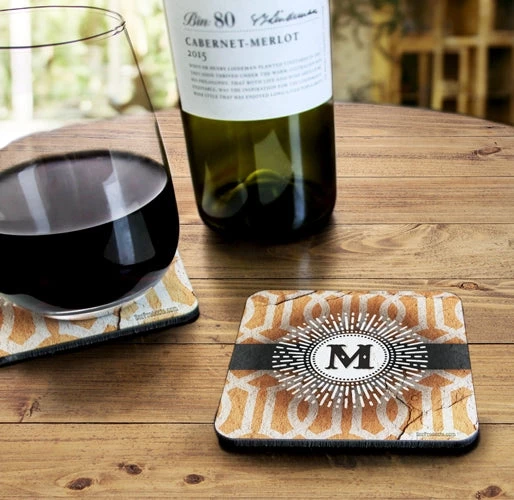 cork-sq-coaster_sunburst-monogram_3.jpg BarProducts.com Sunburst Monogram - CUSTOMIZABLE Cork Bottom Coaster Coasters