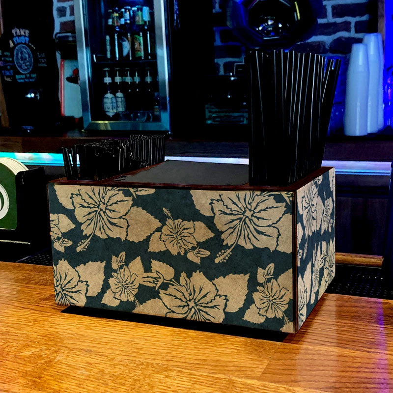 custom-wood-caddy-HIB-BLU-WEB_ACTION.jpg BarProducts.com Wooden Bar Caddy - Rustic Hibiscus - Blue SPECIAL COLLECTIONS