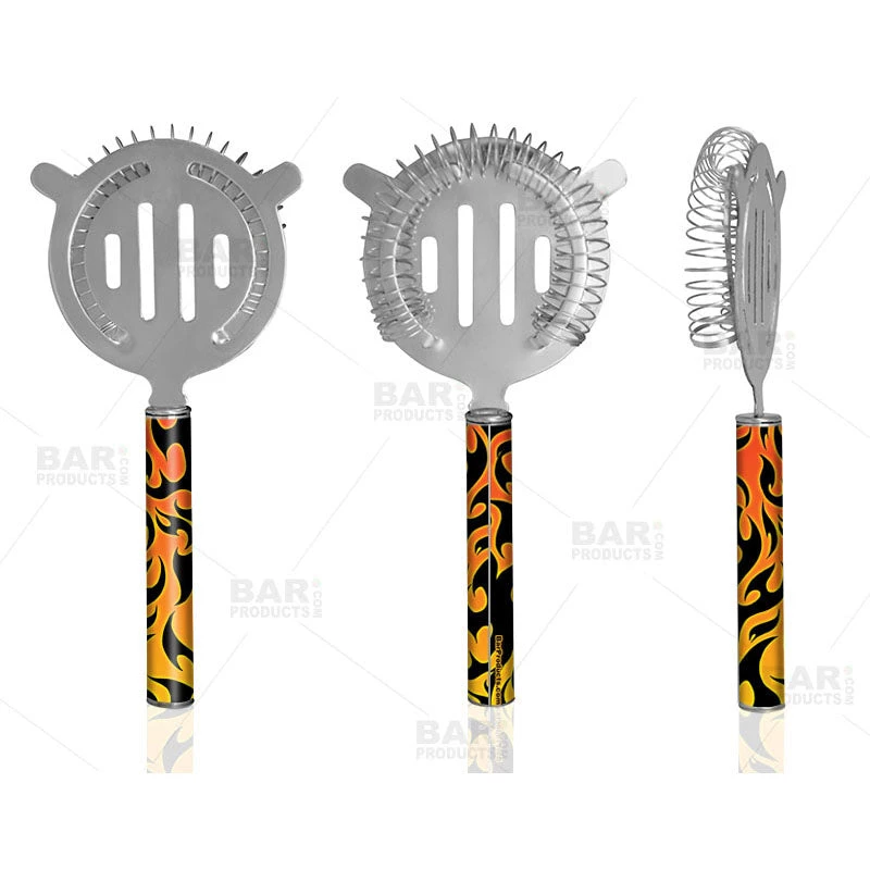 designer-strainer-orgflames-bpc.jpg BarProducts.com Designer Cocktail Strainer - Pipe Handle - Orange Flames BAR TOOLS
