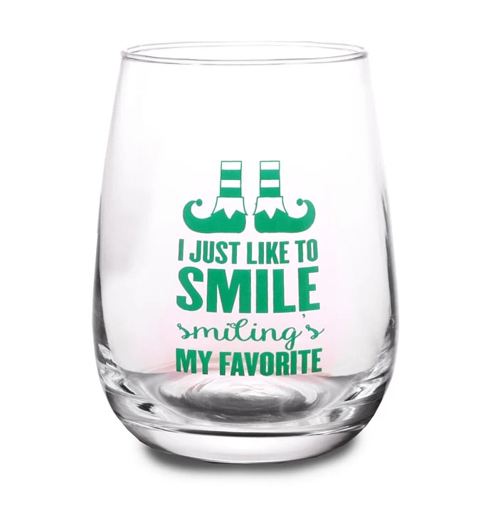 elf-themed-christmas-wine-glass-2.jpg BarProducts.com Elf - I Just Like To Smile Stemless Wine Glass