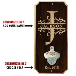 BarProducts Handcrafted Woodshop Made In The USA Fancy Monogram - Wall Mounted Wood Plaque Bottle Opener