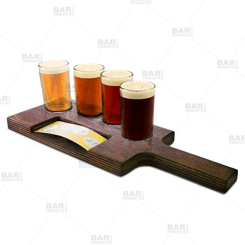 flight-tray-beer-sampler-paddle-with-paper-insert-slot-bpc-800.jpg BarProducts Handcrafted Flight Tray Beer Sampler Paddle With Paper Insert Slot – 4 Recessed Holes Woodshop Made In The USA