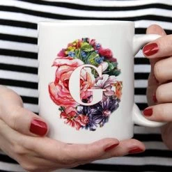 BarProducts.com CUSTOMIZABLE 15 Ounce Coffee Mug - MONOGRAM - Waterpaint Flowers Barista Supplies