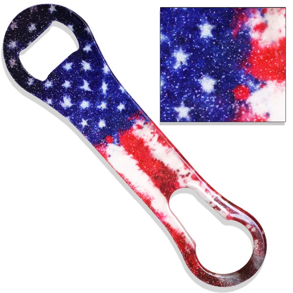 glitter-grunge-american-flag-v-rod-opener.jpg BarProducts.com Bartending Bottle Openers Splattered Grunge U.S Flag Glitter V-Rod® Bottle Opener