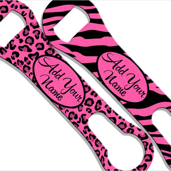 glitter-pink-animal-print-add-your-name-bottle-openers.jpg BarProducts.com "ADD YOUR NAME" V-Rod® Bottle Opener – Glitter Animal Print