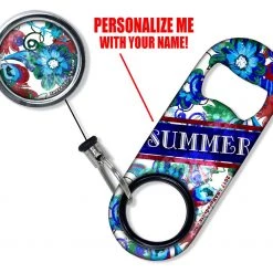 BarProducts.com CUSTOMIZABLE Mini Bottle Opener With Retractable Reel - Grungy Floral Bartending Bottle Openers