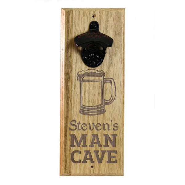 hard-wood-opener-magnet-man-cave-beer.jpg BarProducts Handcrafted Engraved Man Cave Wooden Wall Bottle Opener W/ Magnetic Cap Catcher