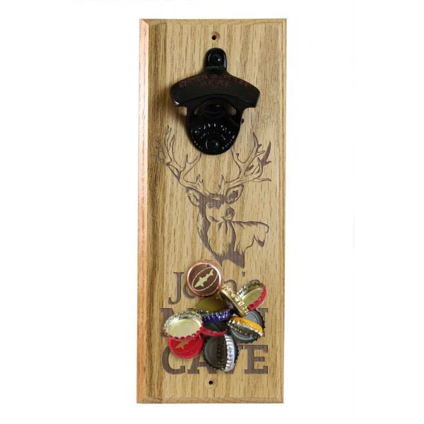 hard-wood-opener-magnet-man-cave-deer-caps.jpg BarProducts Handcrafted Engraved Man Cave Wooden Wall Bottle Opener W/ Magnetic Cap Catcher