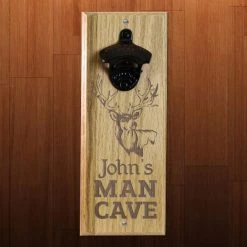 BarProducts Handcrafted Engraved Man Cave Wooden Wall Bottle Opener W/ Magnetic Cap Catcher