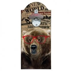 BarProducts Handcrafted Woodshop Made In The USA Hipster Brown Bear Wooden Bottle Opener With Magnetic Cap Catcher
