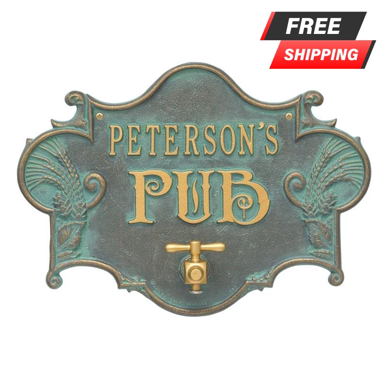 image_png1652870719.png BarProducts.com BAR DECOR CUSTOMIZABLE Cast Aluminum Plaque (and Bottle Opener) - Hops And Barley Beer Pub Design