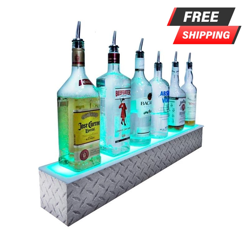image_png_743741336.png BarProducts.com BarConic® LED Liquor Bottle Display Shelf - 1 Step - Diamond Plate Print - Several Lengths
