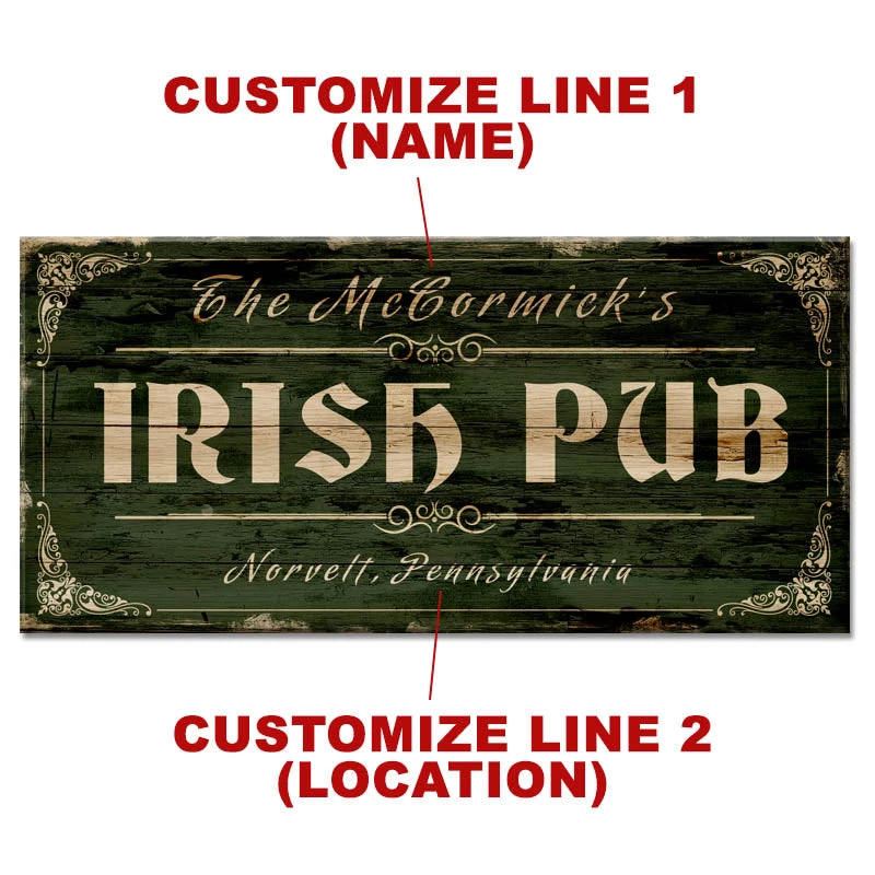 irish-pub-large-wood-plank-sign-1.jpg BarProducts.com CUSTOMIZABLE Large Vintage Wooden Bar Sign - IRISH PUB - 11 3/4" X 23 3/4" BAR DECOR