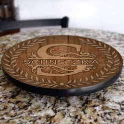 BarProducts.com ADD YOUR NAME Lazy Susan - DARK WOOD With Leaves - 3 Different Sizes - Table Top HOME BAR & GIFTS