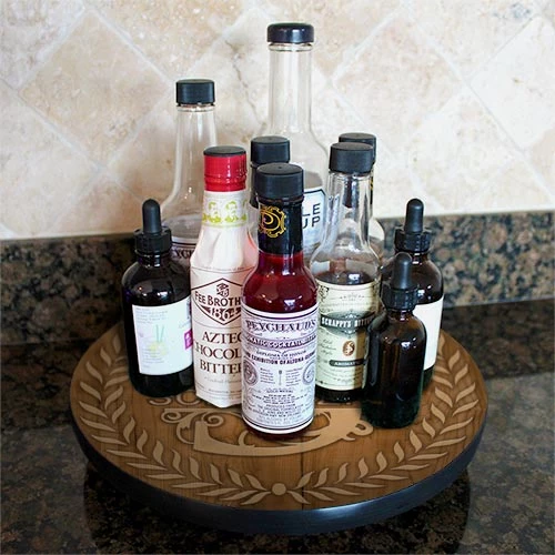 lazy-susan-monogram-wood-leaves-on-counter.jpg BarProducts.com ADD YOUR NAME Lazy Susan - DARK WOOD With Leaves - 3 Different Sizes - Table Top HOME BAR & GIFTS