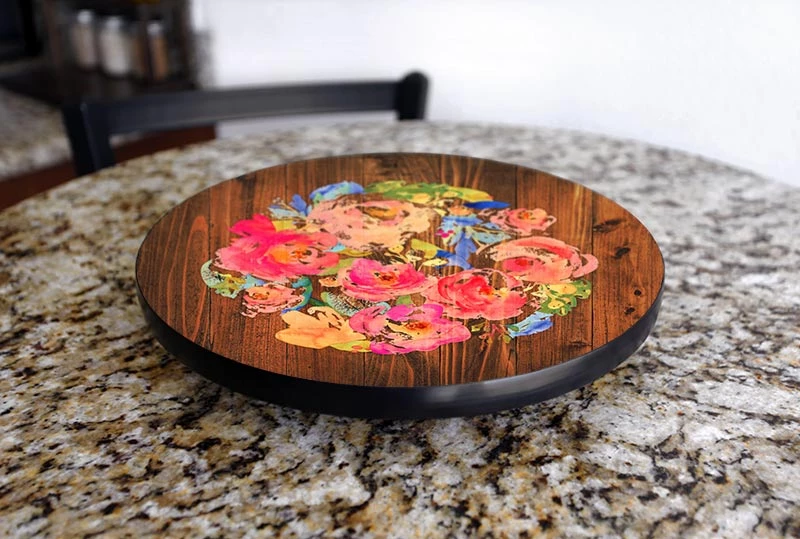lazy-susan-wood-table-end-watercolor-flowers-table-kitchen-view.jpg BarProducts.com Lazy Susan - WATERCOLOR FLOWERS - 3 Different Sizes - For Kitchen Table Top HOME BAR & GIFTS