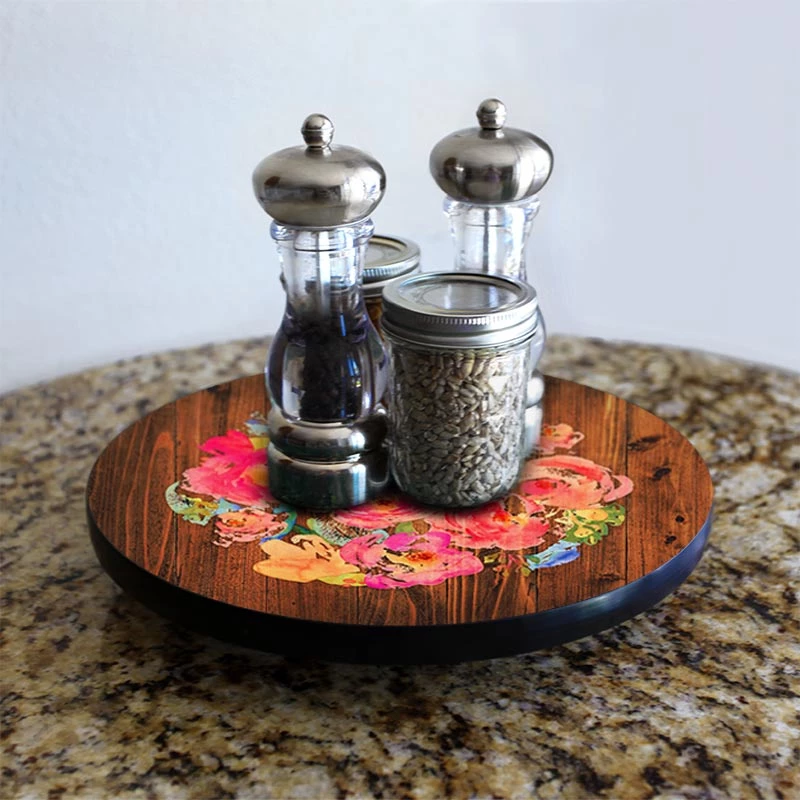 lazy-susan-wood-table-watercolor-flowers-table-main-pic.jpg BarProducts.com Lazy Susan - WATERCOLOR FLOWERS - 3 Different Sizes - For Kitchen Table Top HOME BAR & GIFTS