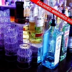 BarProducts.com BAR DECOR BarConic® LED Liquor Bottle Display Shelf - 4 Steps - Polished Mirrored Metal - Several Lengths