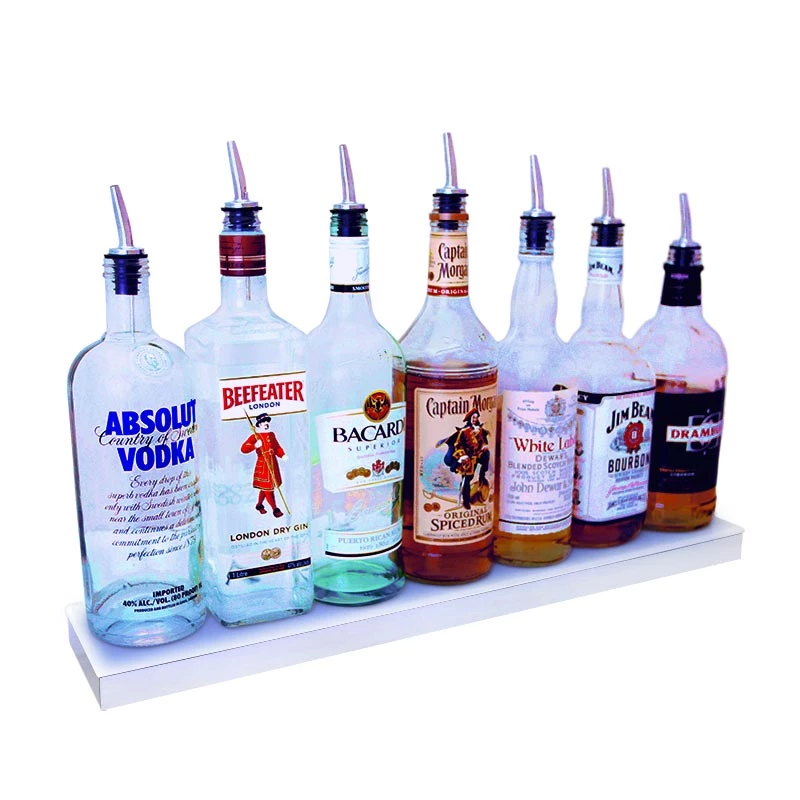 led-shelves-polished-mirror-metal-low-1.jpg BarProducts.com BAR DECOR BarConic® LED Liquor Bottle Display Shelf - Low Profile - 1 Step - Polished Mirrored Metal - Several Lengths