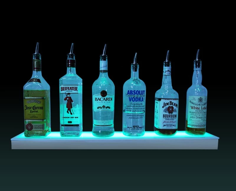 led-shelves-polished-mirror-metal-low-10.jpg BarProducts.com BAR DECOR BarConic® LED Liquor Bottle Display Shelf - Low Profile - 1 Step - Polished Mirrored Metal - Several Lengths