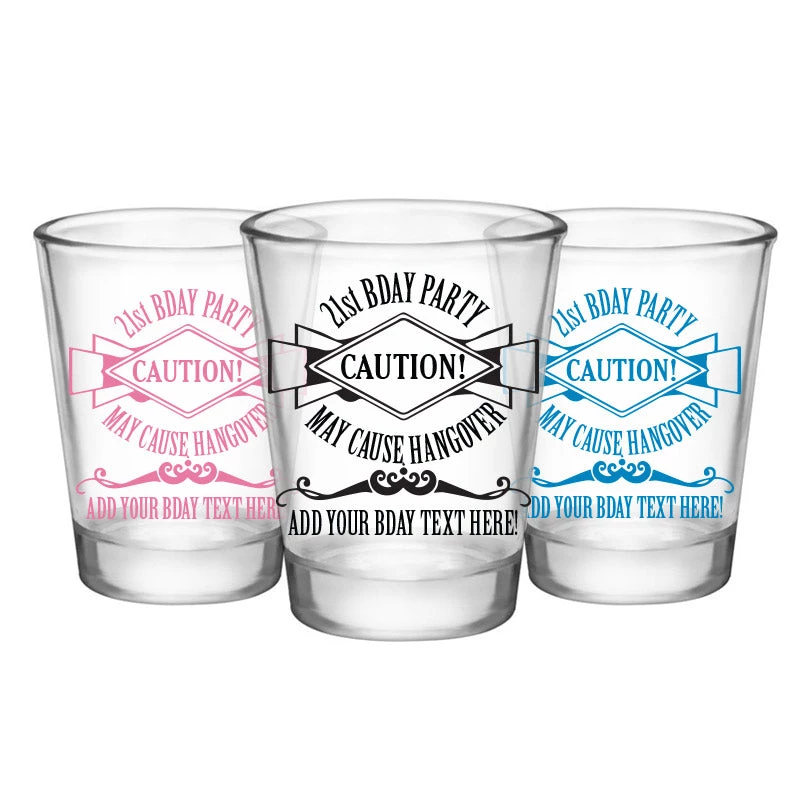 lg-gw-5114-ayn-bdaycaution-web-3.jpg BarProducts.com Customizable 1.75 Oz. Clear Shot Glass- 21st Bday Party- May Cause Hangover! - AYN BAR SUPPLIES