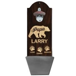 BarProducts.com Custom Round Top Plaque With Cap Catcher - Papa Bear Bartending Bottle Openers