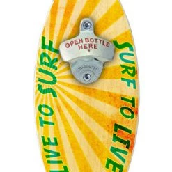 BarProducts Handcrafted Live To Surf Wooden Surfboard Wall Mounted Bottle Opener